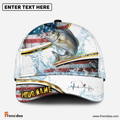 (12 Breeds) Frenzidea Fishing Heartbeat – Gold Line American Flag Customized Name 3D Cap