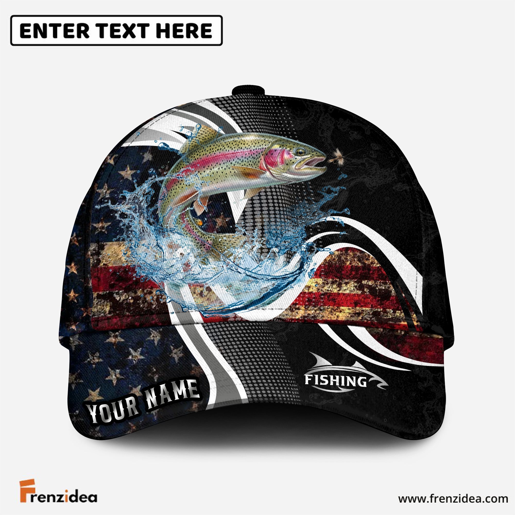 (12 Breeds) Frenzidea Fishing Dark Vintage American Flag Customized Name 3D Cap