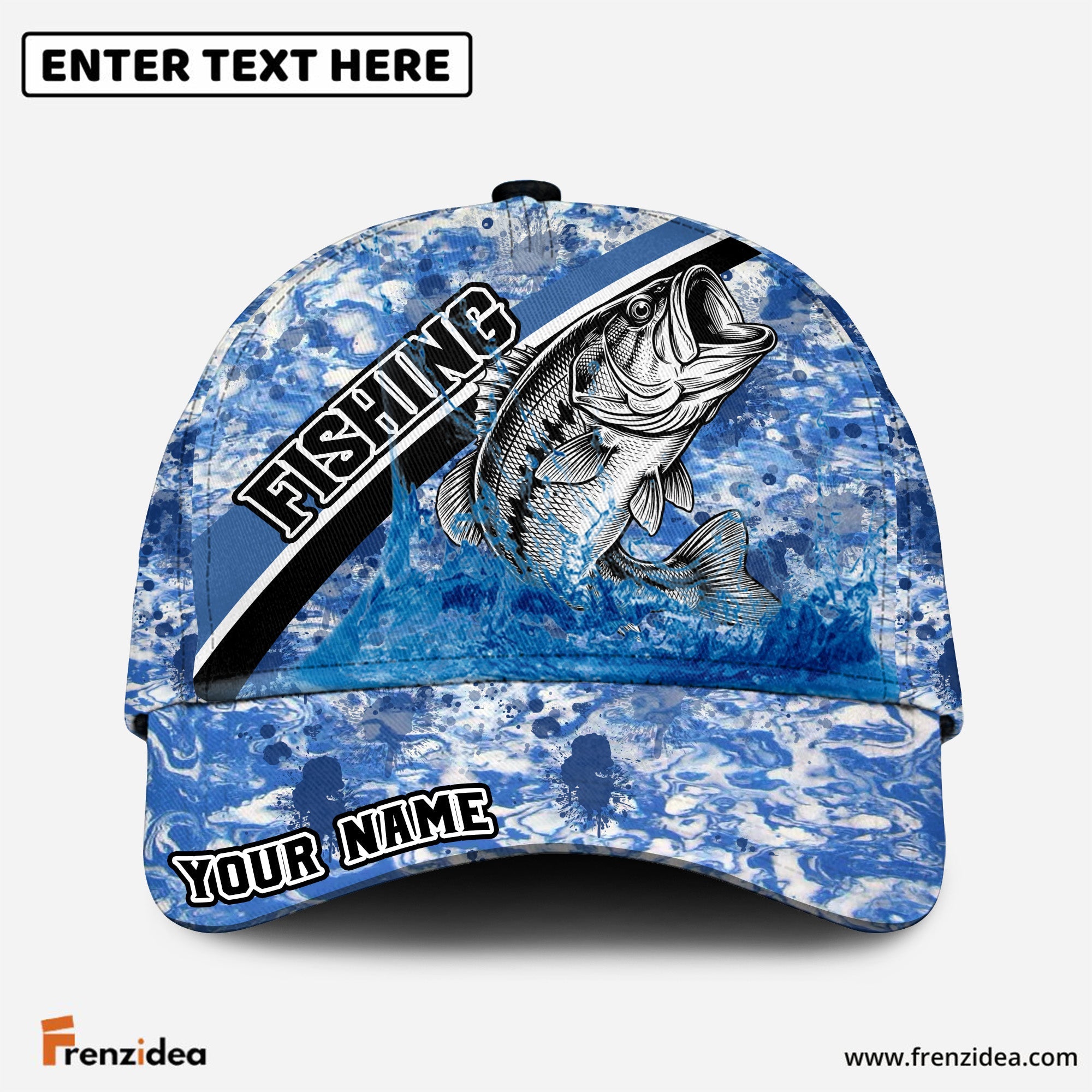 (10 Breeds) Frenzidea Blue Ocean Marble Fishing Customized Name 3D Cap