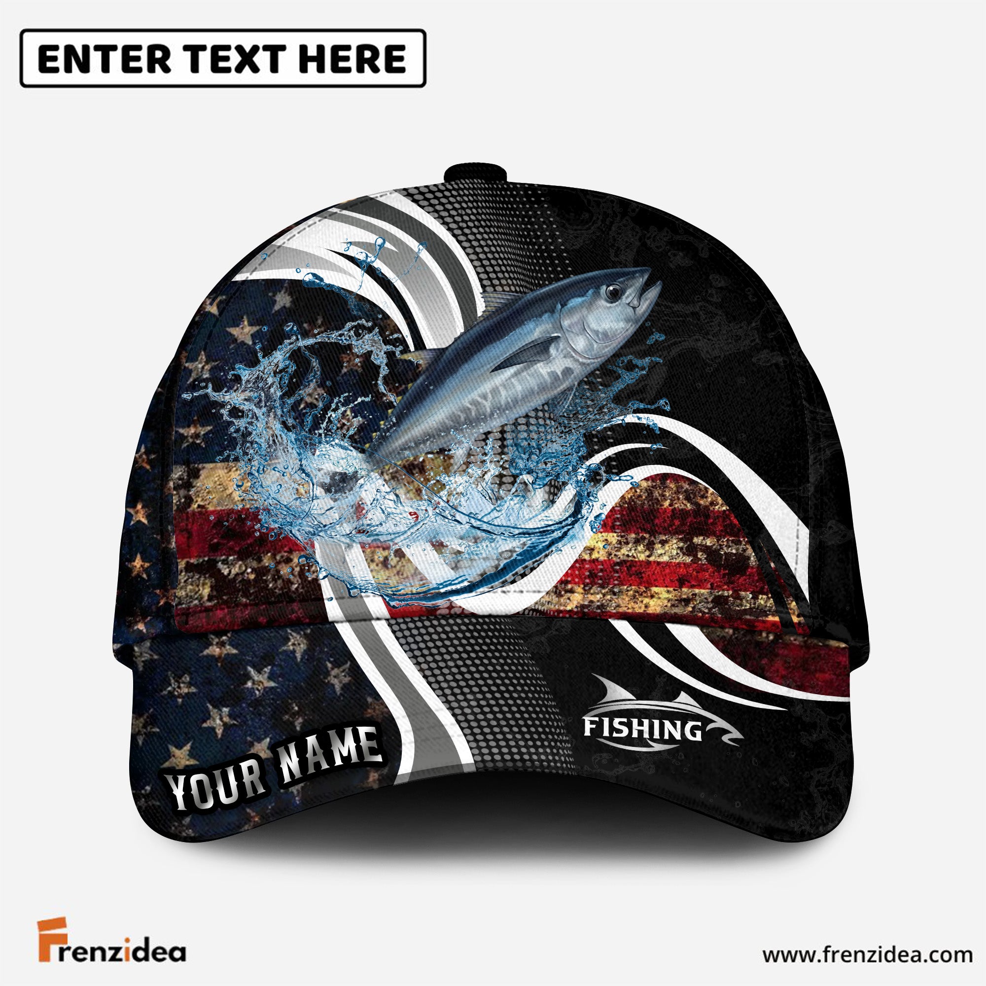 (12 Breeds) Frenzidea Modern Tech Line US Flag Fishing Customized Name 3D Cap