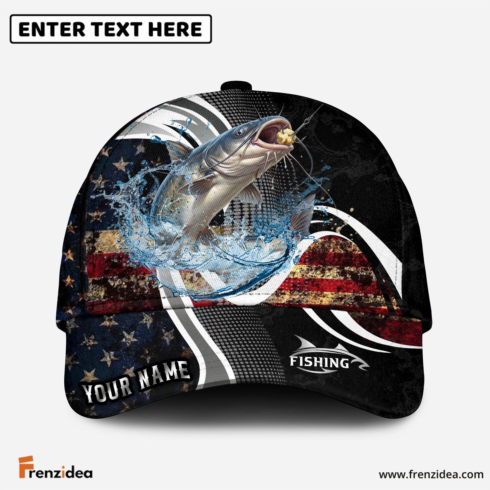 (12 Breeds) Frenzidea Fishing Dark Vintage American Flag Customized Name 3D Cap