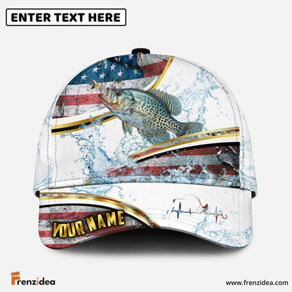 (12 Breeds) Frenzidea Fishing Heartbeat – Gold Line American Flag Customized Name 3D Cap