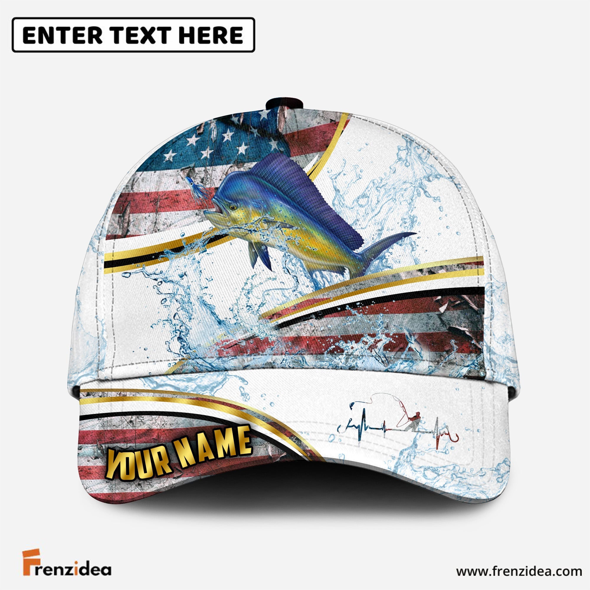 (12 Breeds) Frenzidea Fishing Heartbeat – Gold Line American Flag Customized Name 3D Cap
