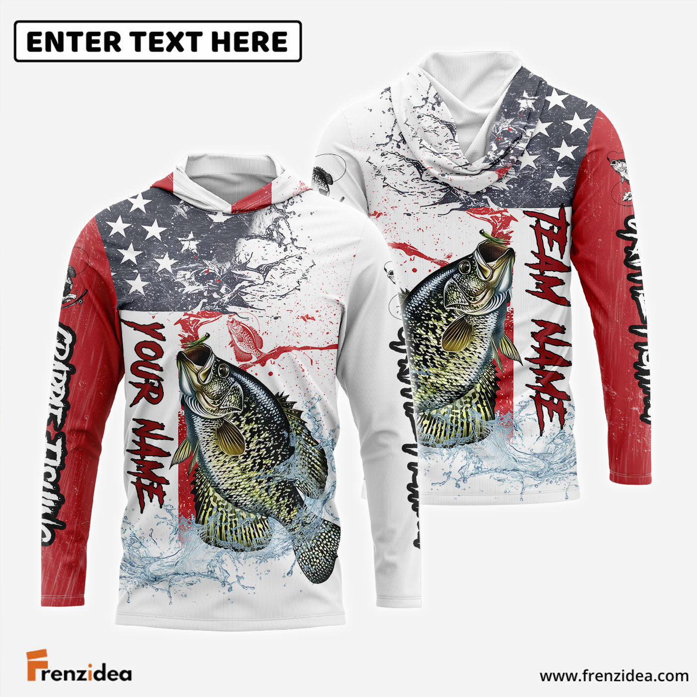Frenzidea Crappie Fishing American Flag Red Blue Seawave Custom Name & Team Name 3D Shirts