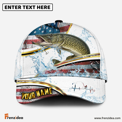 (12 Breeds) Frenzidea Fishing Heartbeat – Gold Line American Flag Customized Name 3D Cap