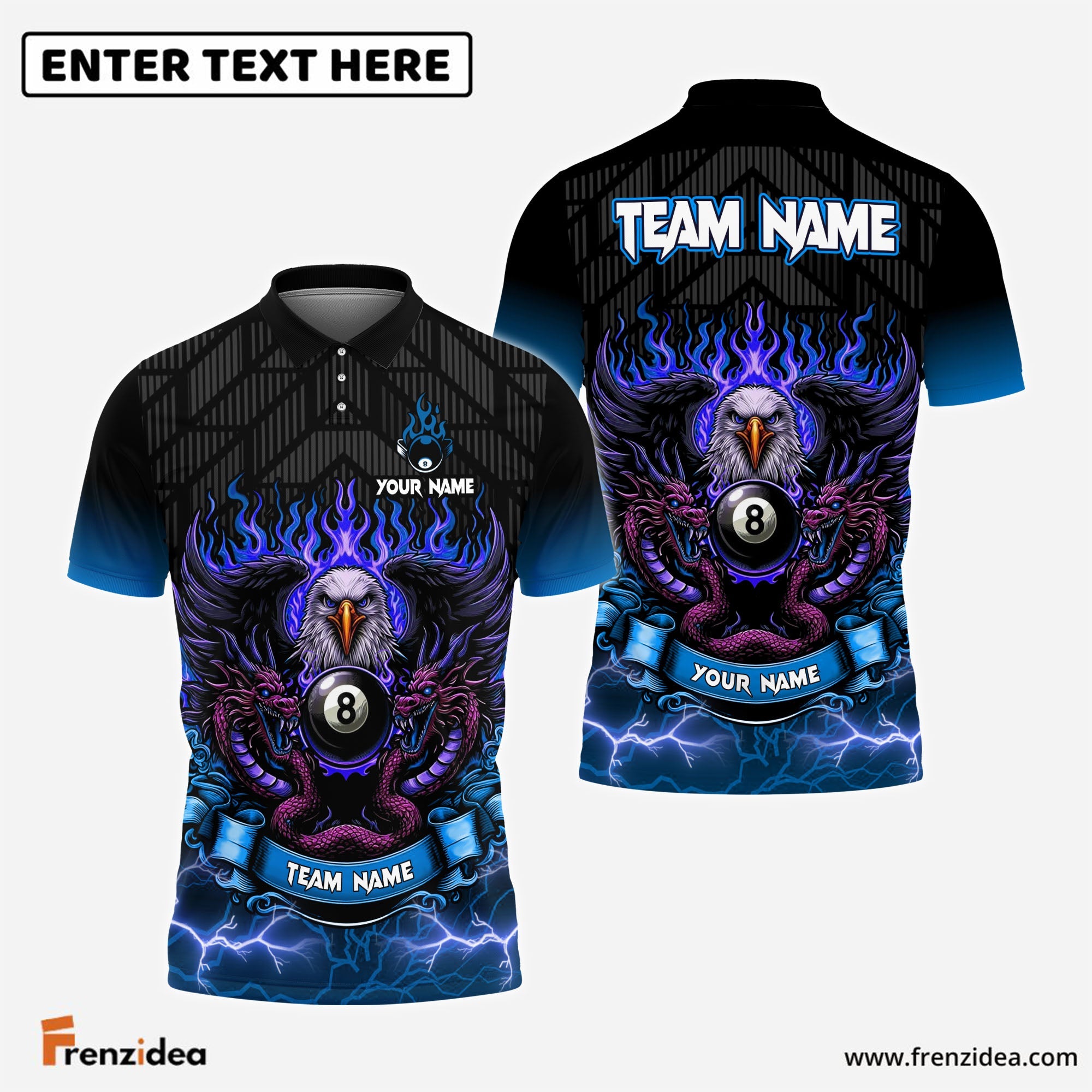 Frenzidea Billiards Ball 8 Eagle Dragon Personalized Name, Team Name Unisex Shirt (4 Colors)