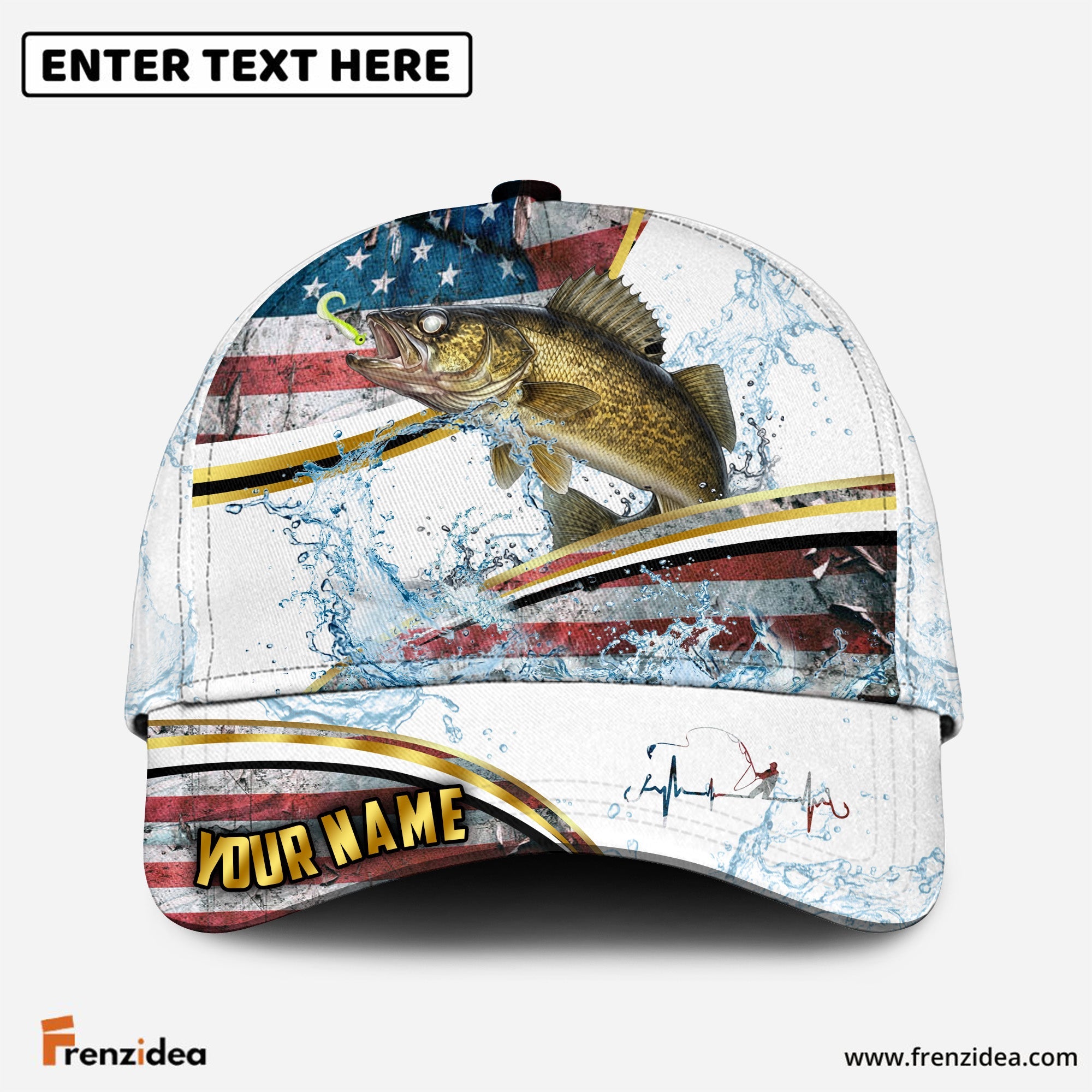 (12 Breeds) Frenzidea Fishing Heartbeat – Gold Line American Flag Customized Name 3D Cap