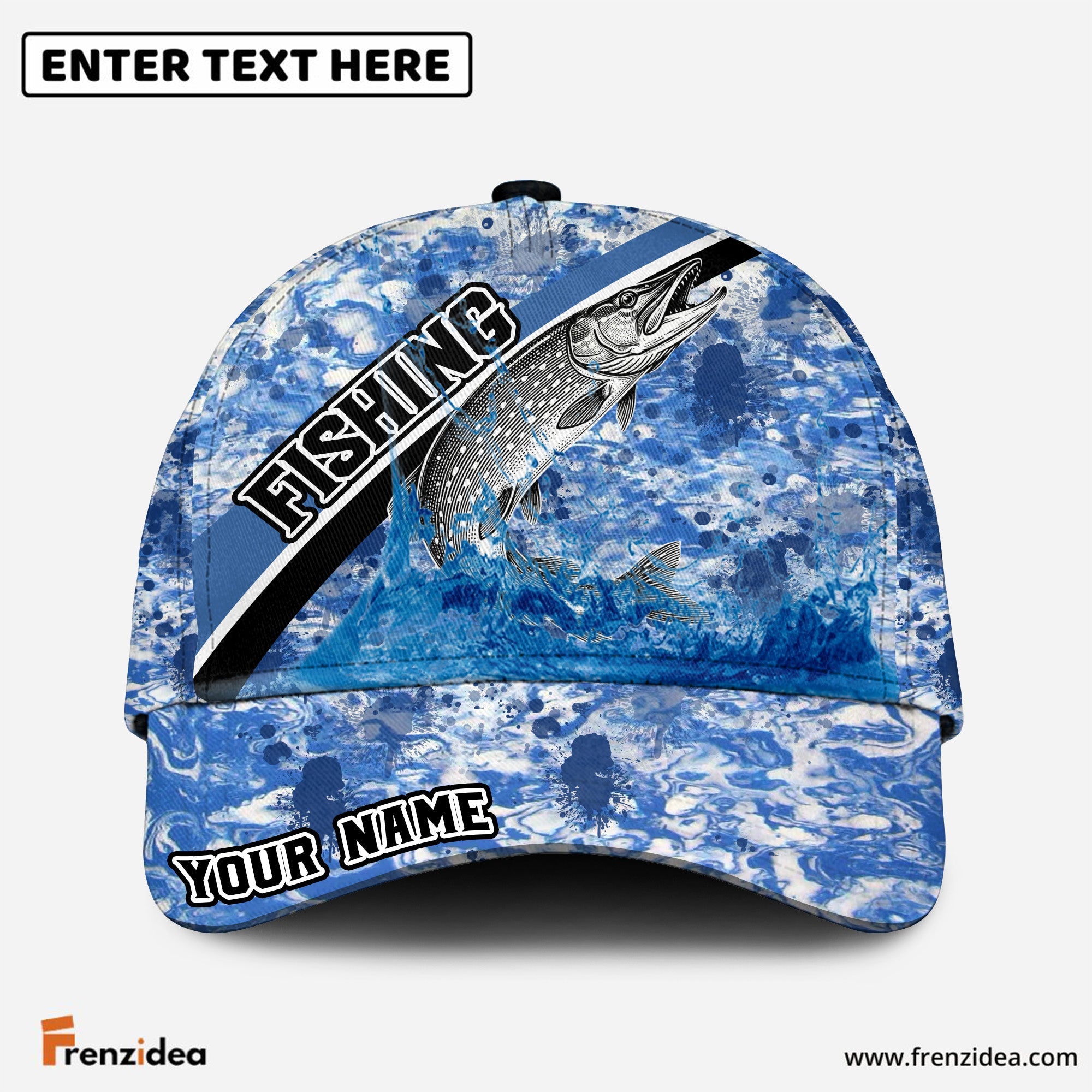 (10 Breeds) Frenzidea Blue Ocean Marble Fishing Customized Name 3D Cap