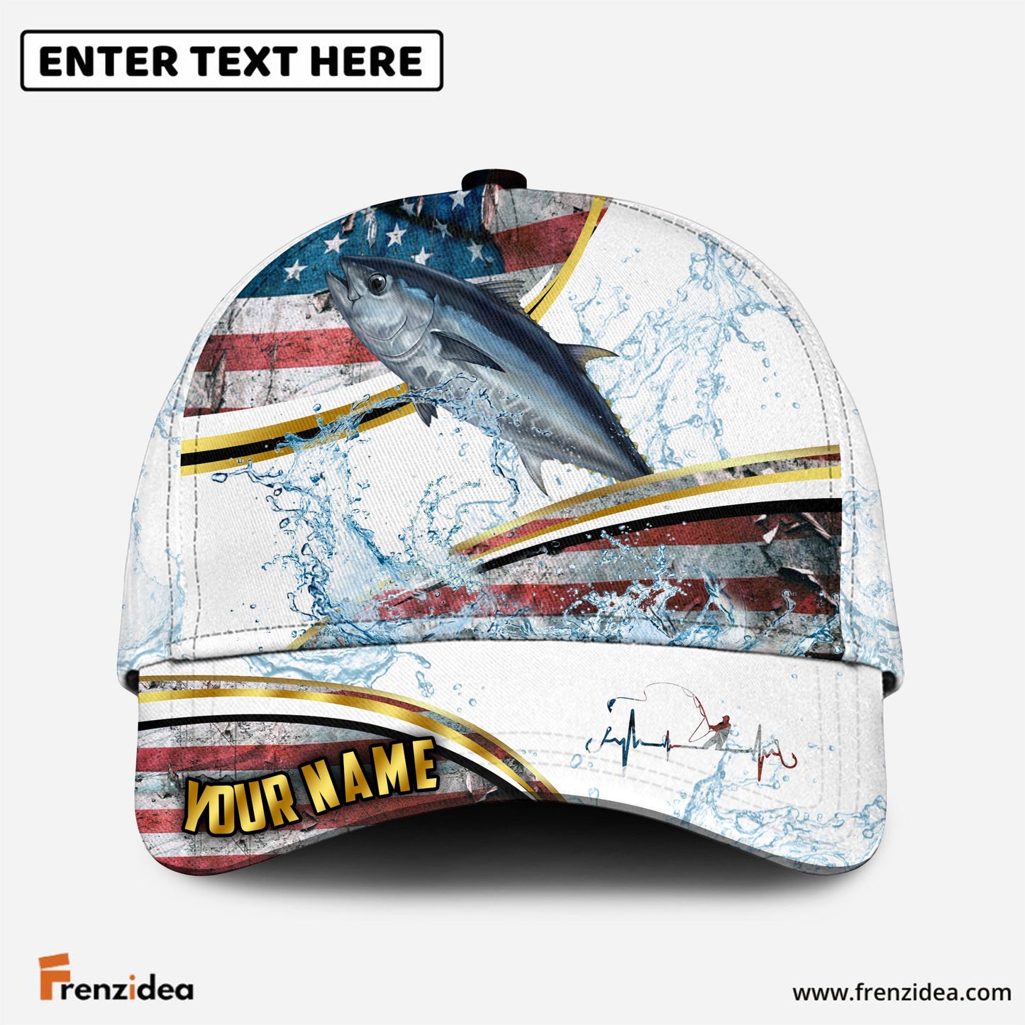 (12 Breeds) Frenzidea Fishing Heartbeat – Gold Line American Flag Customized Name 3D Cap