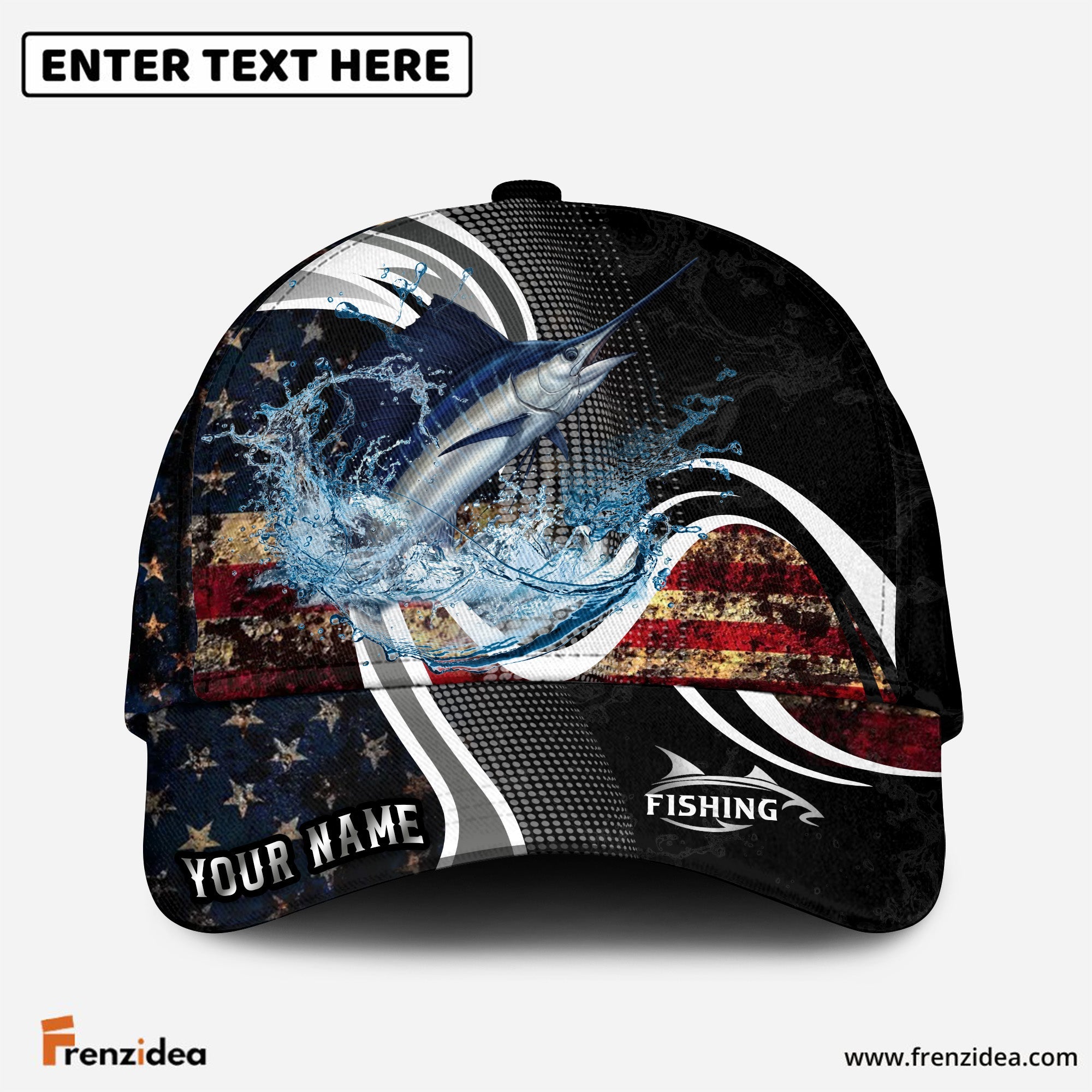 (12 Breeds) Frenzidea Fishing Dark Vintage American Flag Customized Name 3D Cap