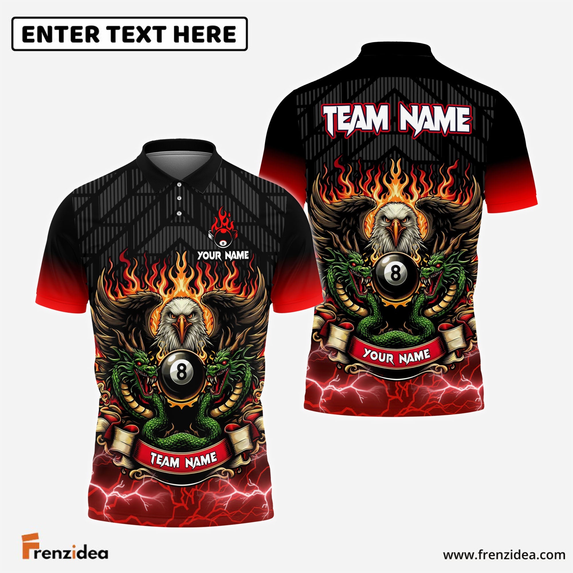 Frenzidea Billiards Ball 8 Eagle Dragon Personalized Name, Team Name Unisex Shirt (4 Colors)