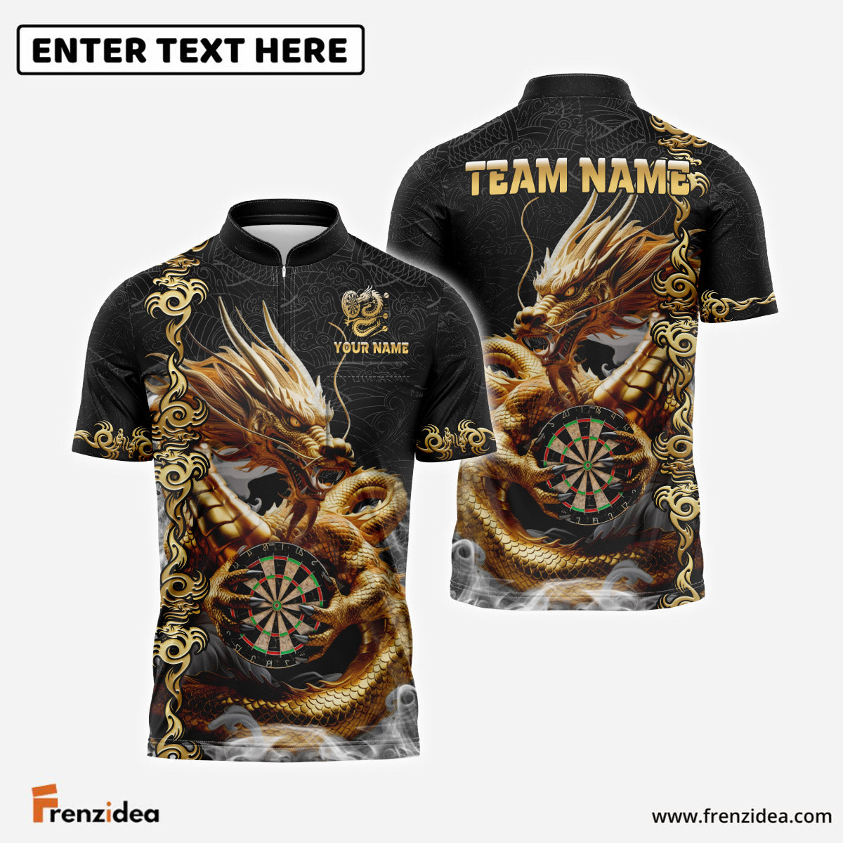 Frenzidea Darts Dragon Golden Attire Personalized Name, Team Name Shirt (4 Colors)