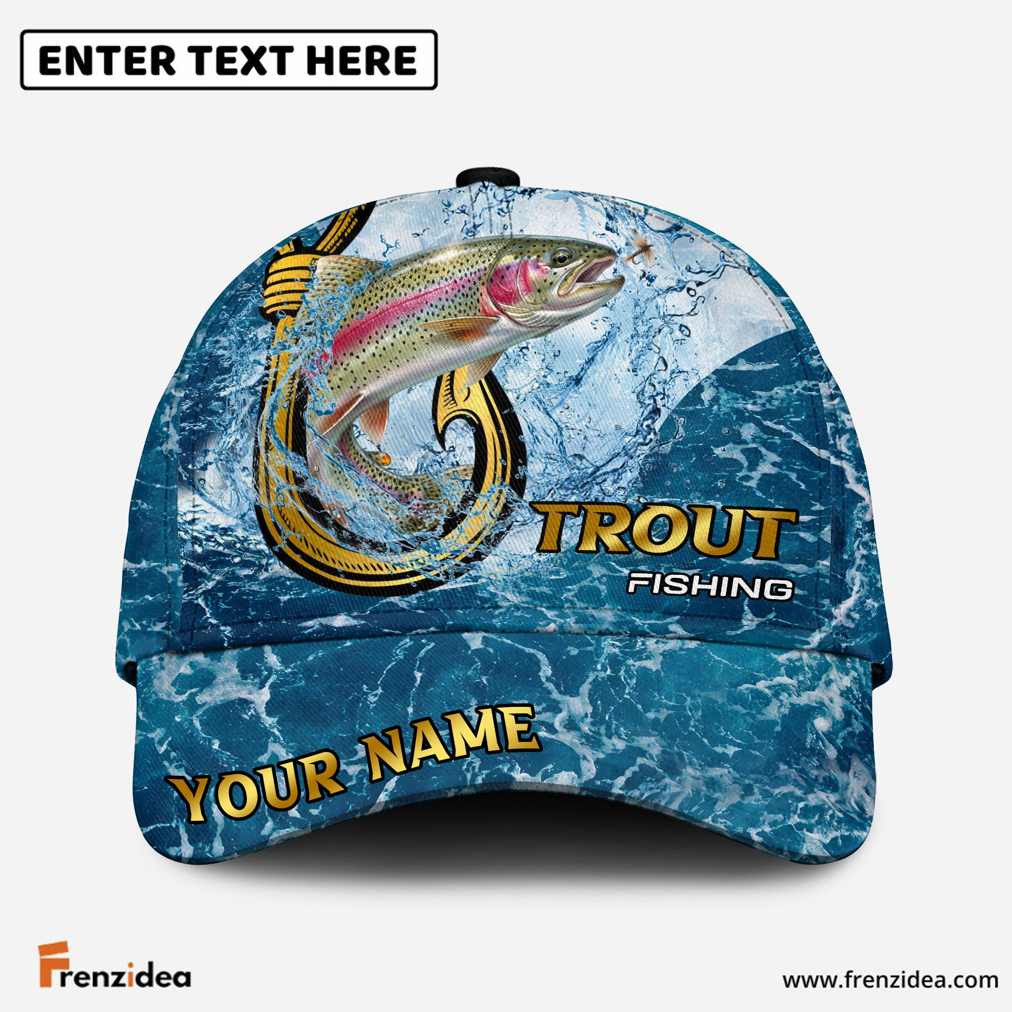 (12 Breeds) Frenzidea Blue Water Texture Ocean Fishing Customized Name 3D Cap