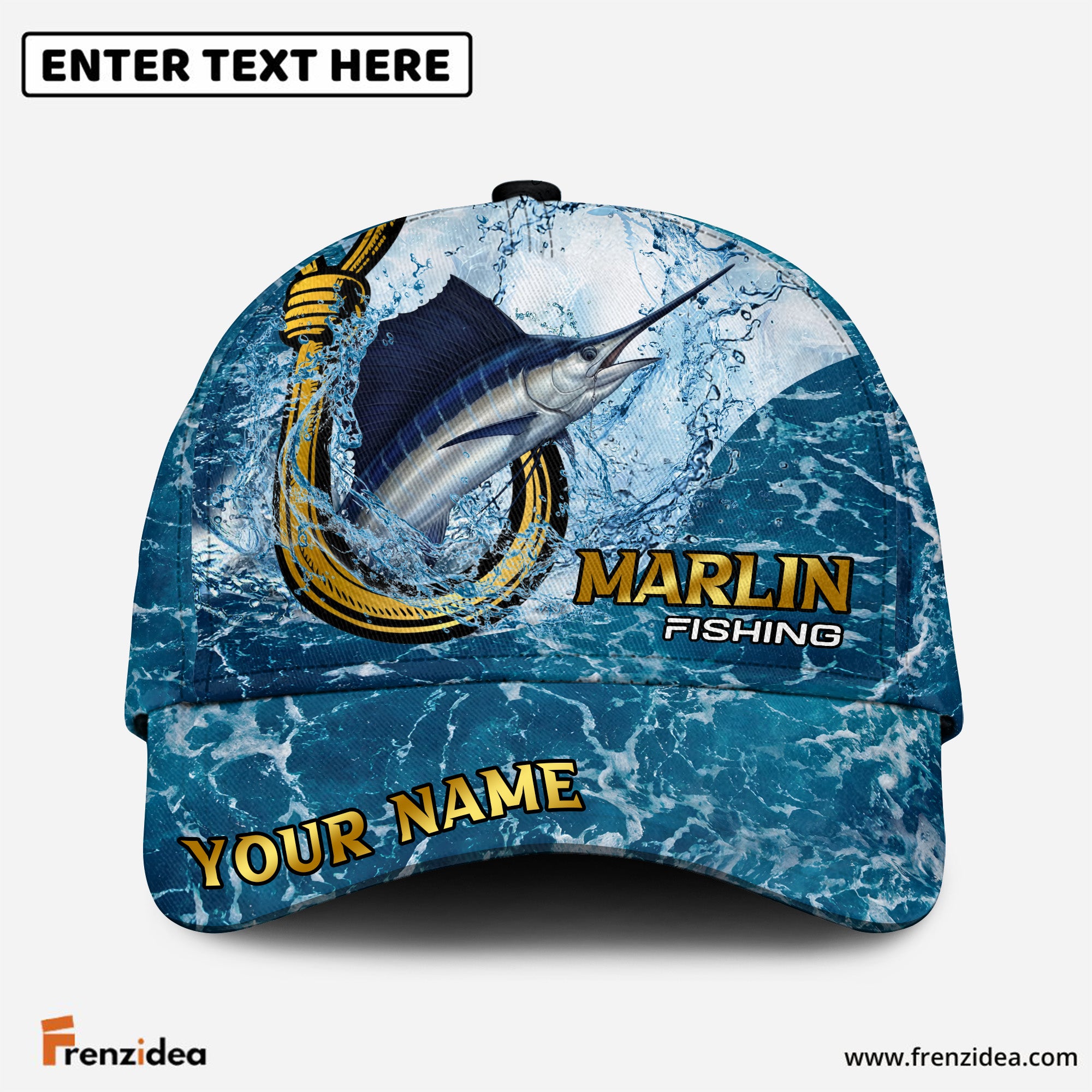 (12 Breeds) Frenzidea Blue Water Texture Ocean Fishing Customized Name 3D Cap