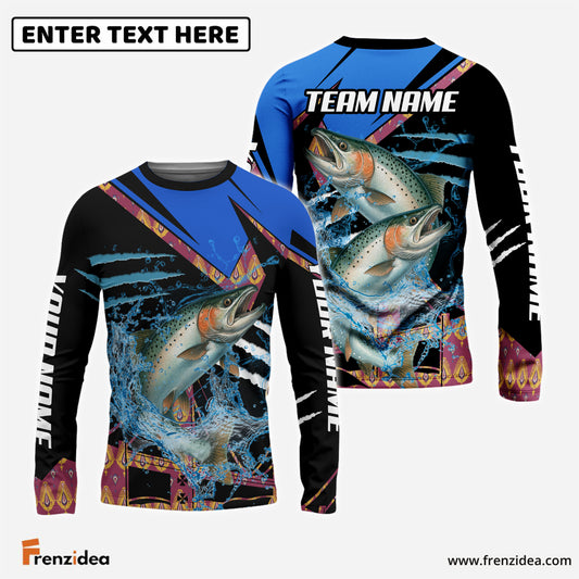 Frenzidea Salmon Fishing Blue Brocade Pattern Custom Name & Team Name 3D Shirts
