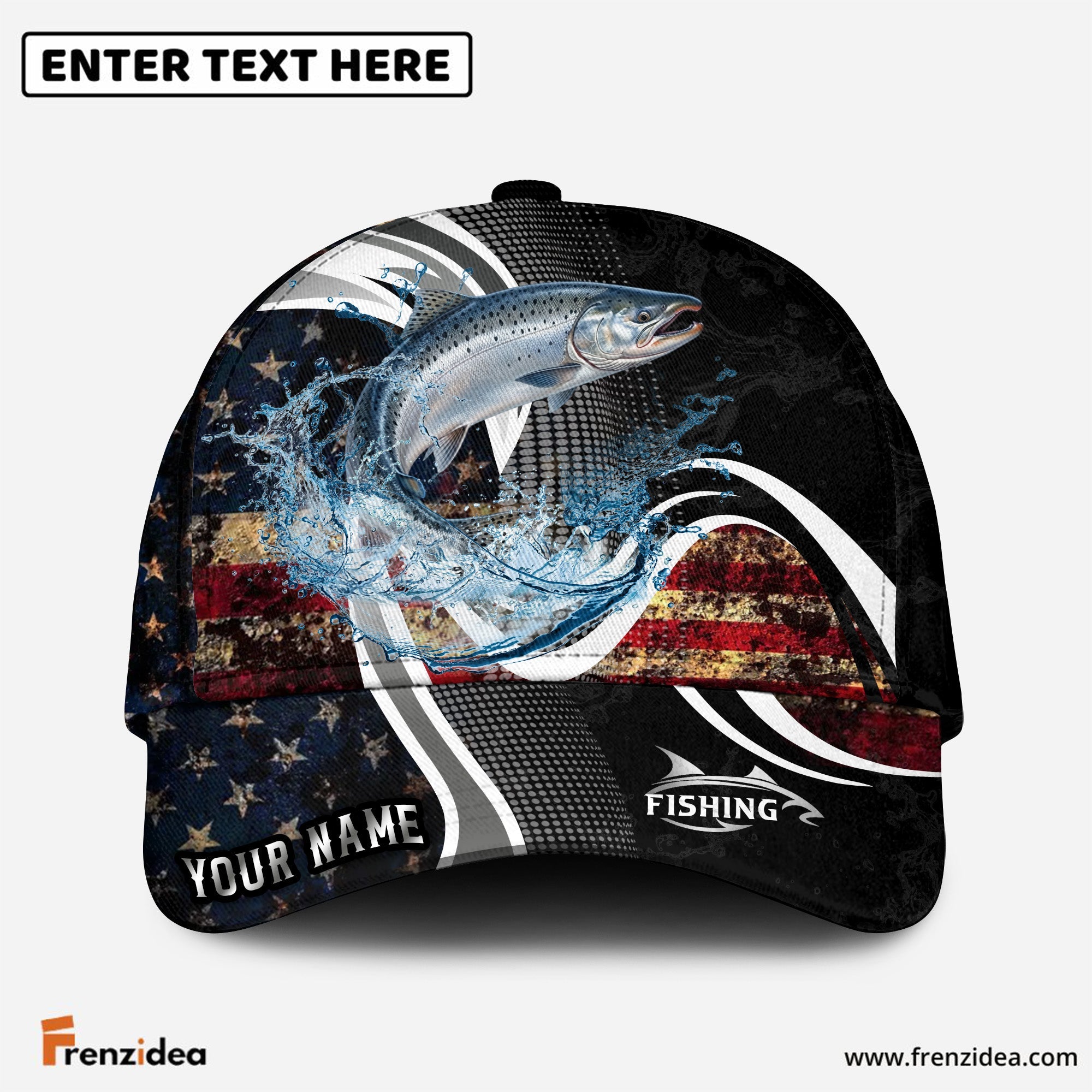 (12 Breeds) Frenzidea Fishing Dark Vintage American Flag Customized Name 3D Cap