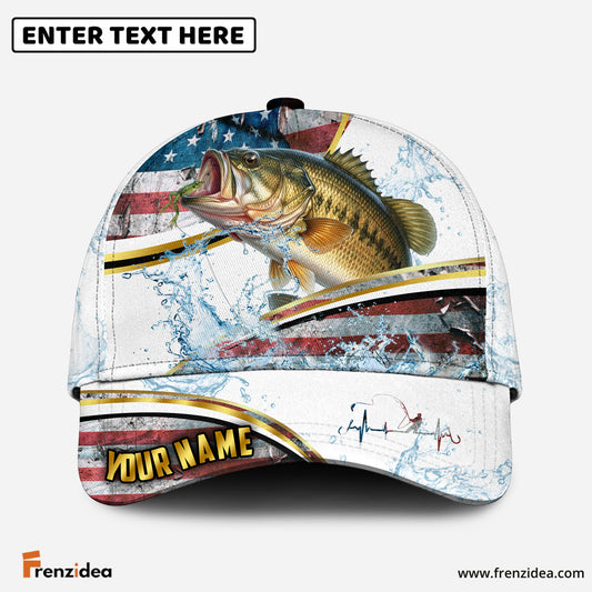 (12 Breeds) Frenzidea Fishing Heartbeat – Gold Line American Flag Customized Name 3D Cap