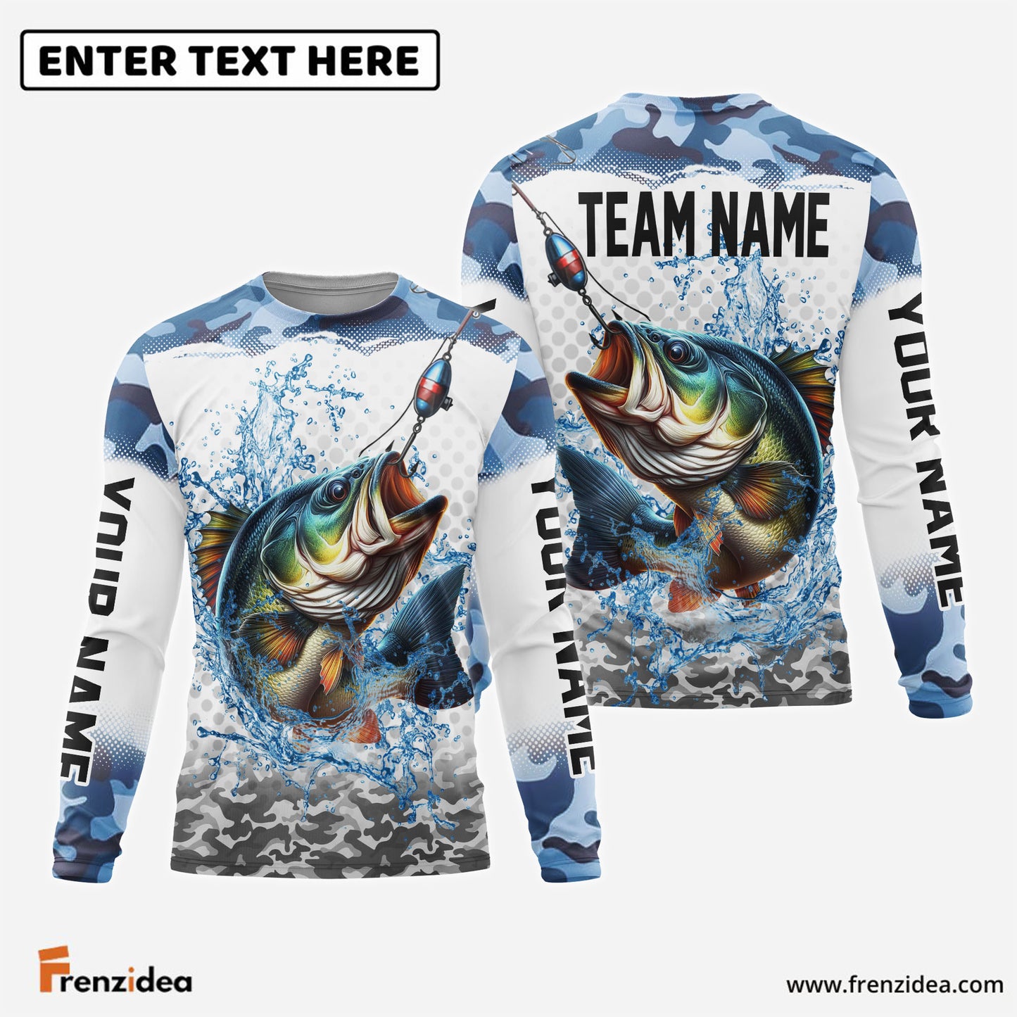 Frenzidea Bass Fishing Fishing Blue Sea Custom Name & Team Name 3D Shirts