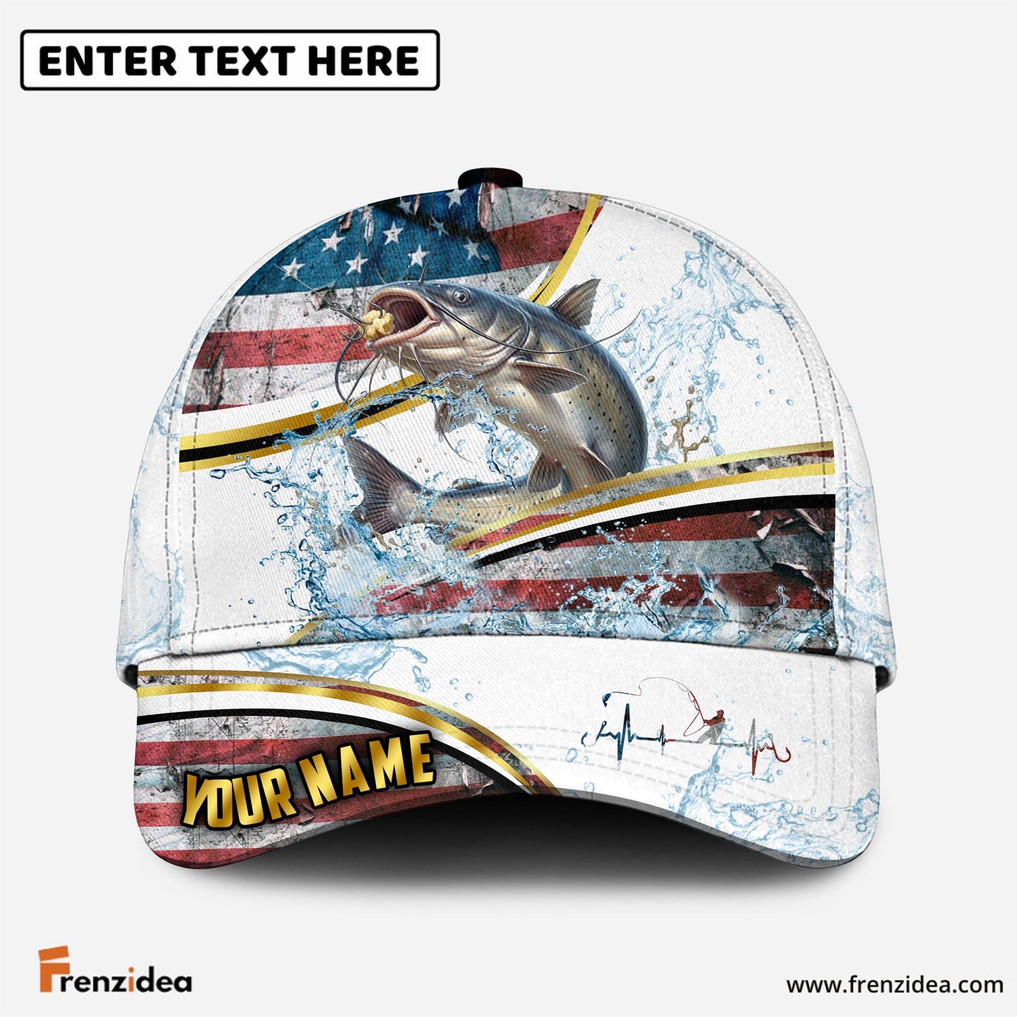 (12 Breeds) Frenzidea Fishing Heartbeat – Gold Line American Flag Customized Name 3D Cap