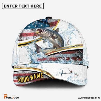 (12 Breeds) Frenzidea Fishing Heartbeat – Gold Line American Flag Customized Name 3D Cap
