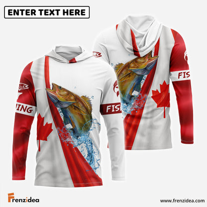 Frenzidea Canadian Flag Patriotic Walleye Fishing Custom Name 3D Long Sleeve Fishing Shirts