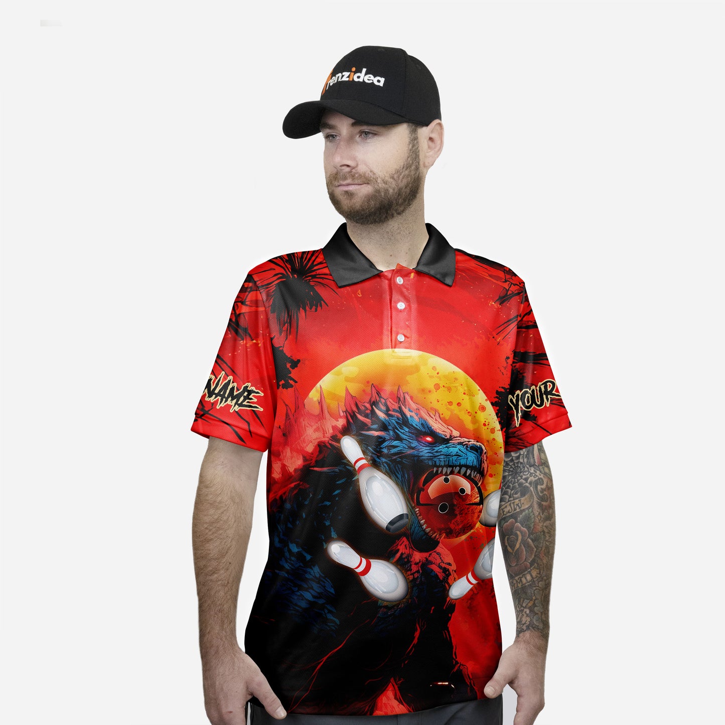 Frenzidea Bowling and Pins Gozilla Customized Name, Team Name 3D Shirt
