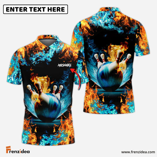 Frenzidea Blue Bowling Ball And Pins On Fire Customized Name 3D Shirt