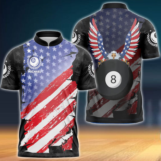 Frenzidea Ball 8 Eagle USA Flag Billiard Custom Name Zipper Polo Shirt