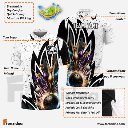 Frenzidea Bowling Ball and Pins Wing Pattern Personalized Name, Team Name 3D Shirt