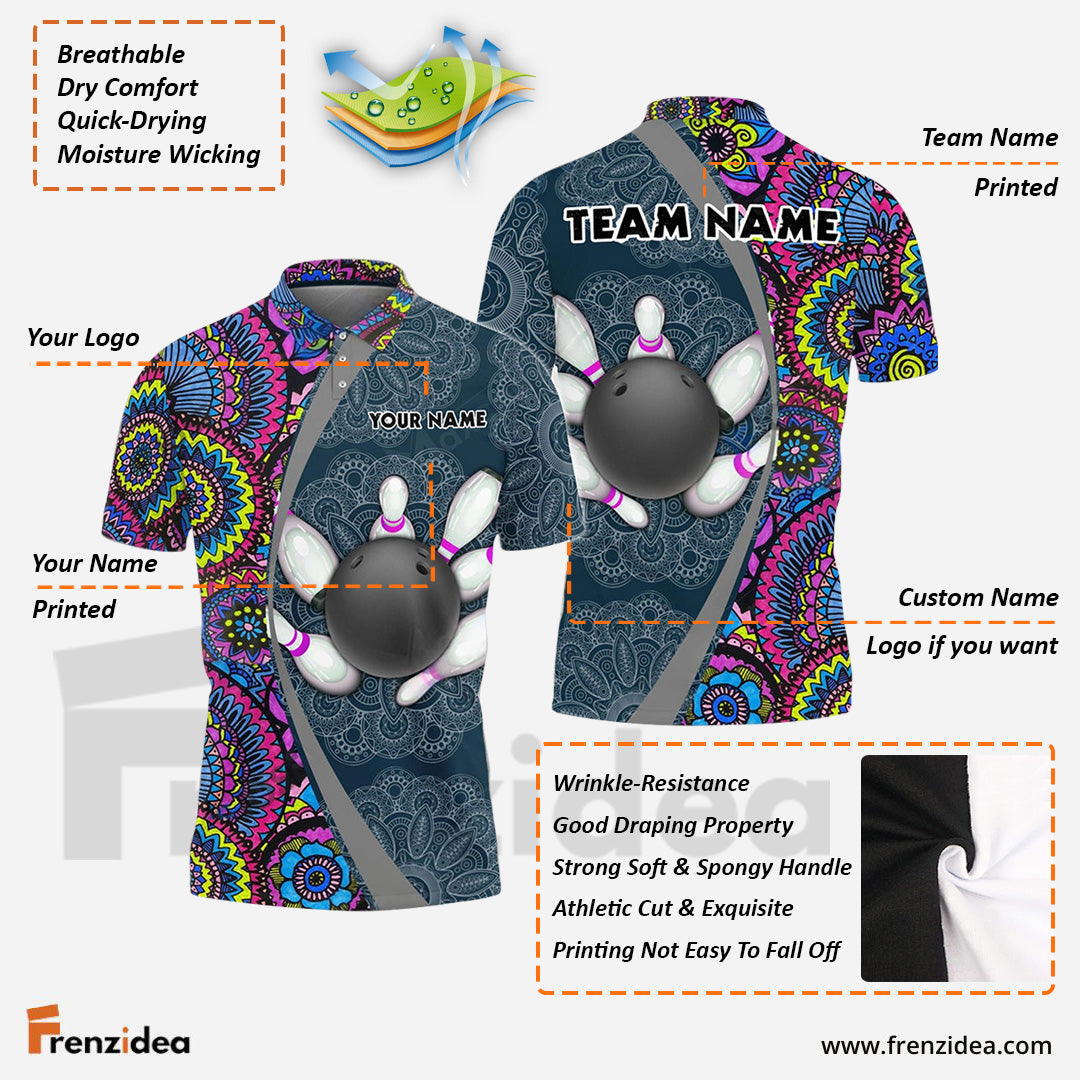 Frenzidea Bowling And Pins Mandala Customized Name 3D Shirt (4 Colors)