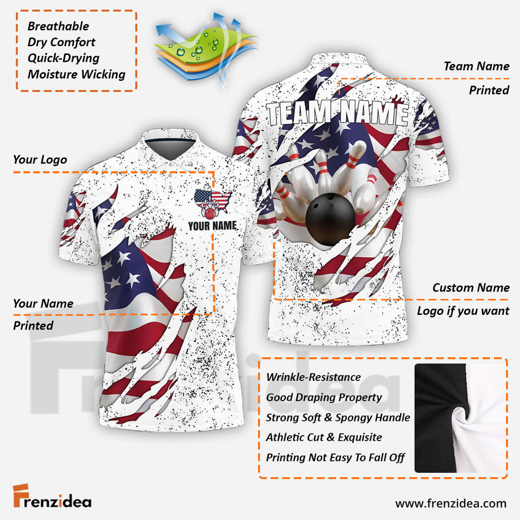 Frenzidea Bowling US Flag Customized Name, Team Name 3D Shirt