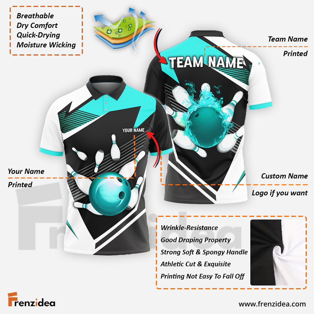 Frenzidea Bowling and Pins Tornado and Fire Pattern Customized Name, Team Name 3D Shirt (4 Colors)