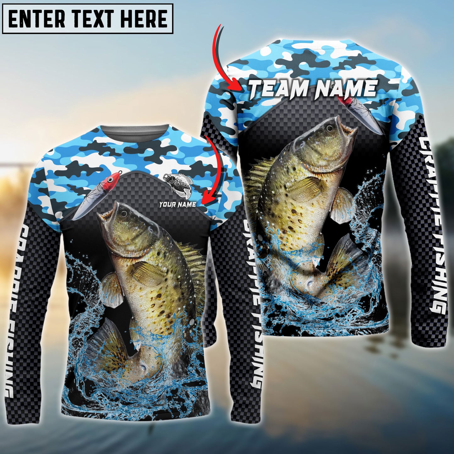 Frenzidea Crappie Fishing Blue Camo Sport Custom Name & Team Name 3D Shirts