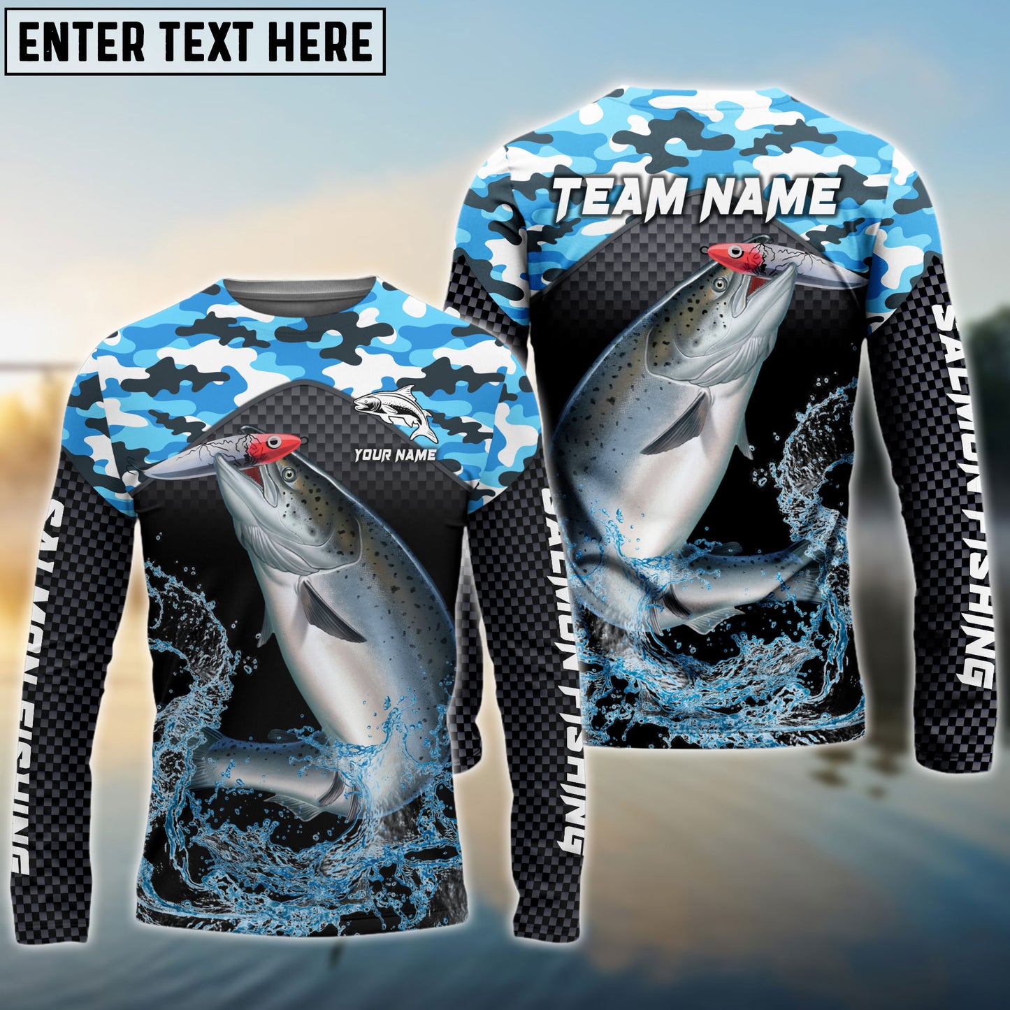 Frenzidea Salmon Fishing Blue Camo Sport Custom Name & Team Name 3D Shirts