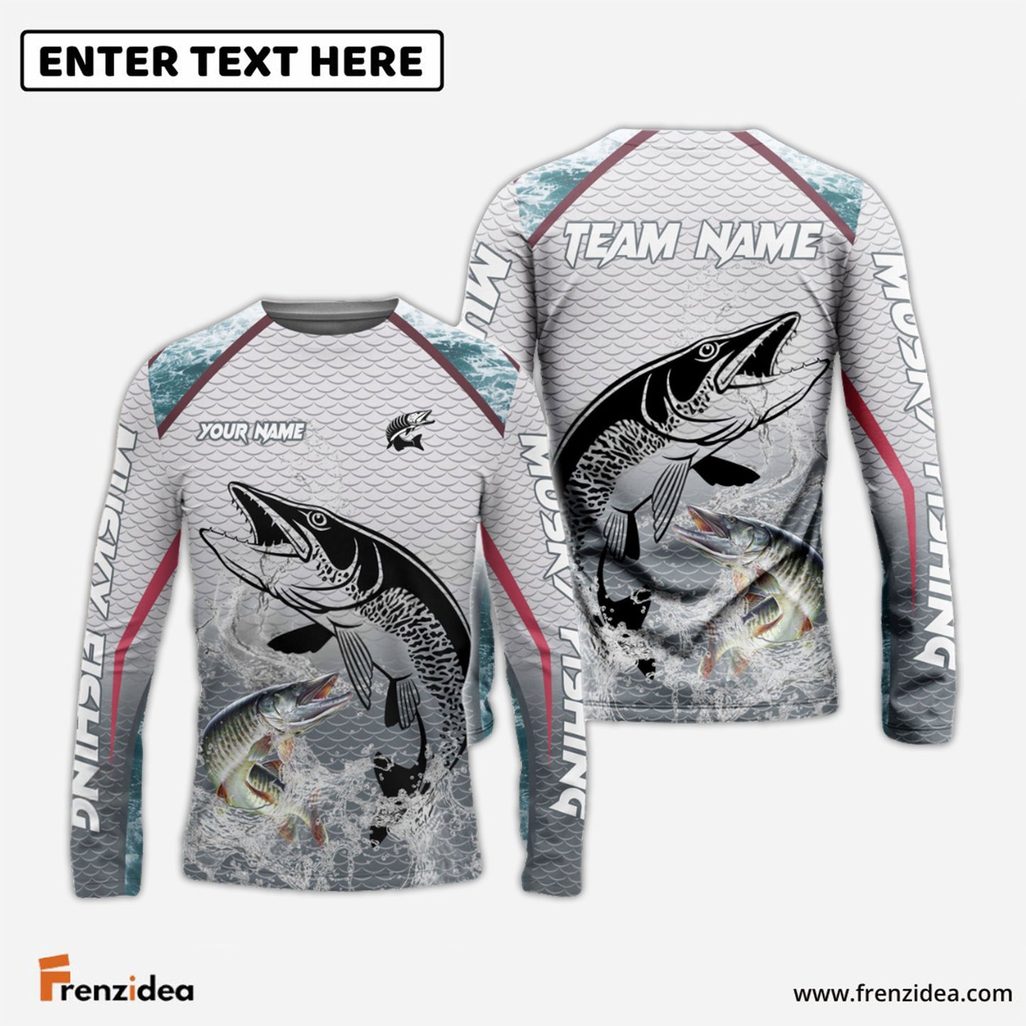 Frenzidea Musky Fishing White Fin Water Silhouette Sport Custom Name & Team Name 3D Shirts