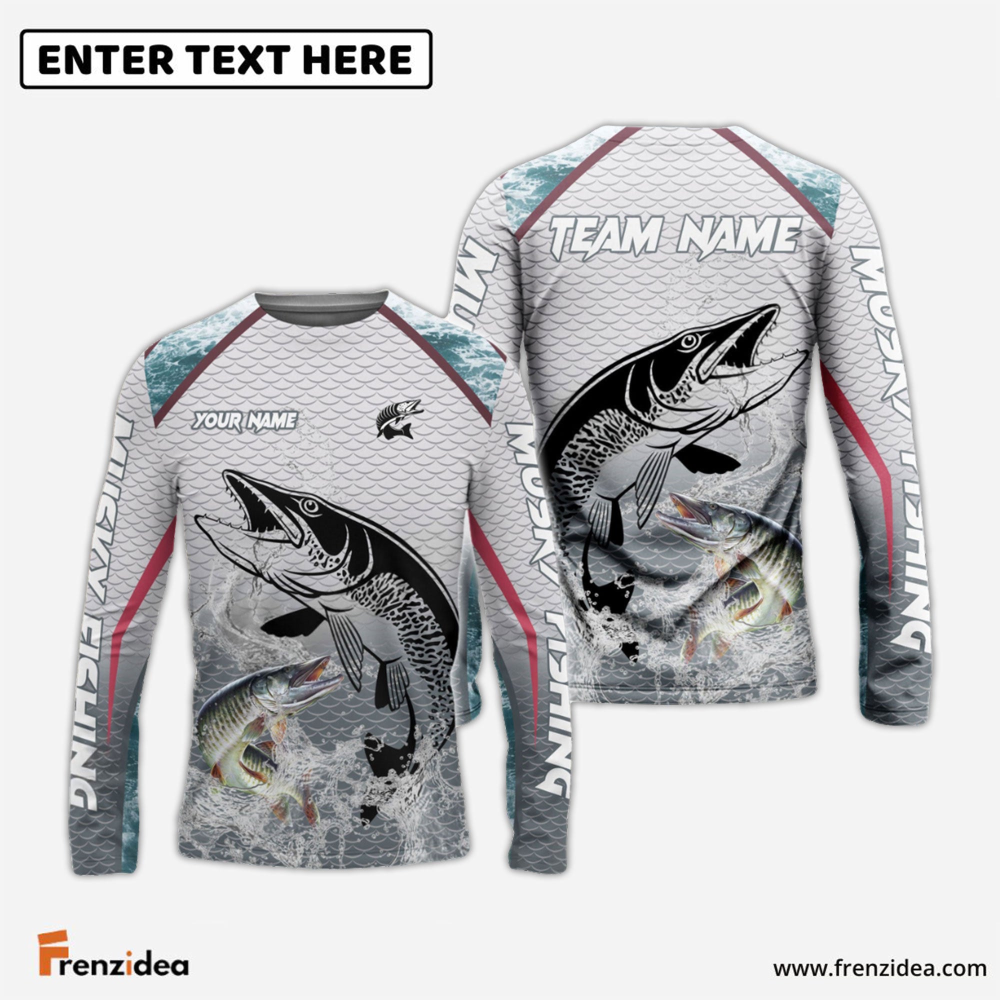 Frenzidea Musky Fishing White Fin Water Silhouette Sport Custom Name & Team Name 3D Shirts