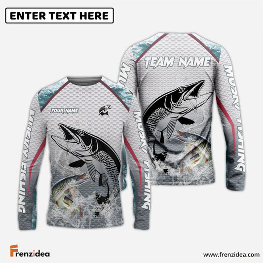 Frenzidea Musky Fishing White Fin Water Silhouette Sport Custom Name & Team Name 3D Shirts
