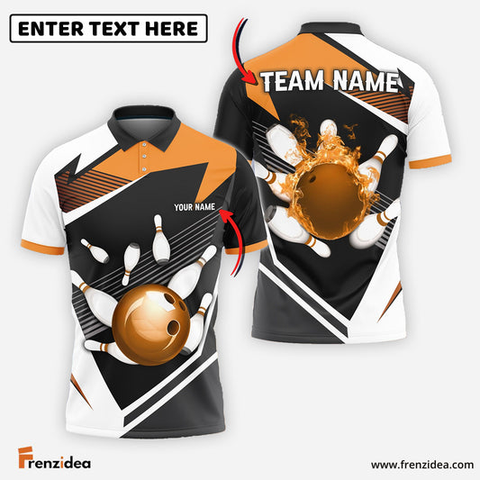 Frenzidea Bowling and Pins Tornado and Fire Pattern Customized Name, Team Name 3D Shirt (4 Colors)