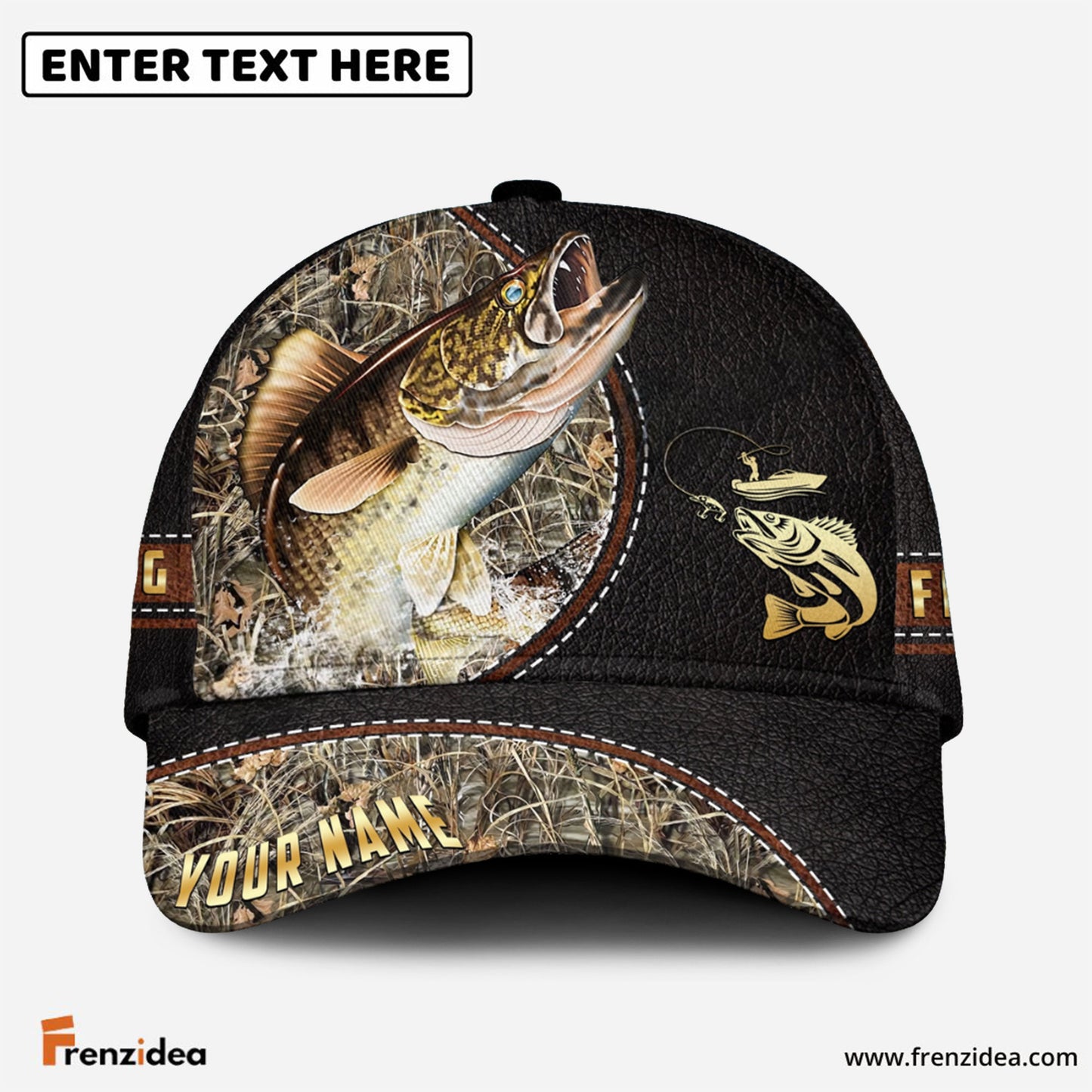 Frenzidea Personalized Walleye Black Leather Camo Pattern Fishing Classic Cap
