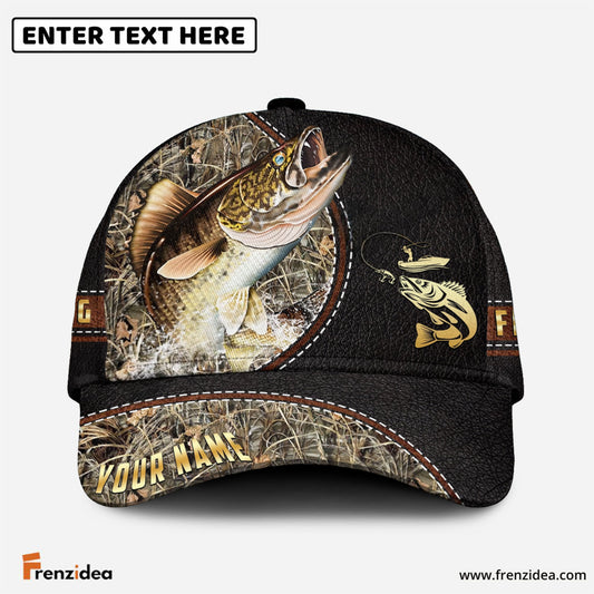 Frenzidea Personalized Walleye Black Leather Camo Pattern Fishing Classic Cap
