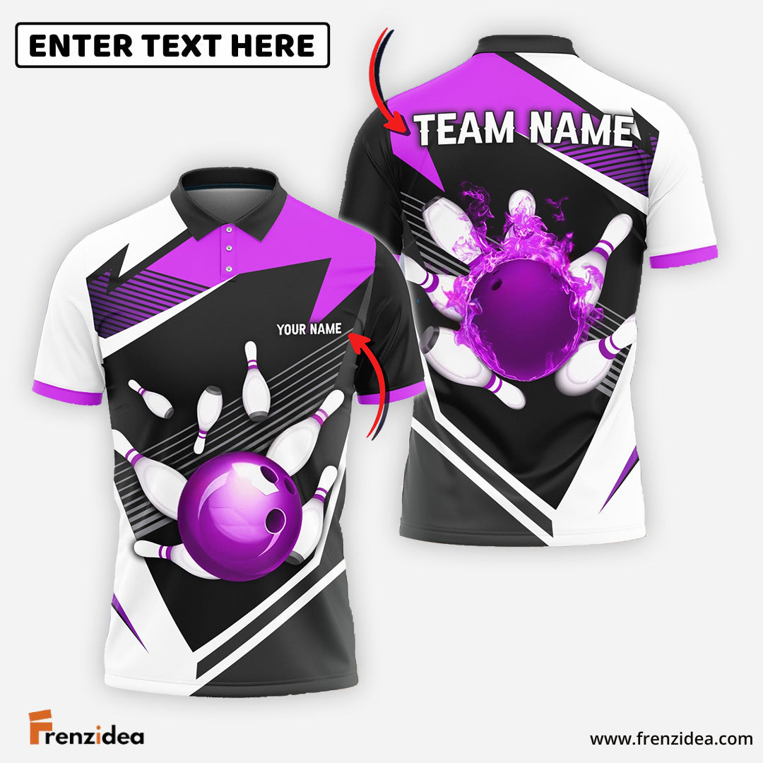 Frenzidea Bowling and Pins Tornado and Fire Pattern Customized Name, Team Name 3D Shirt (4 Colors)