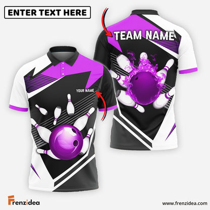 Frenzidea Bowling and Pins Tornado and Fire Pattern Customized Name, Team Name 3D Shirt (4 Colors)