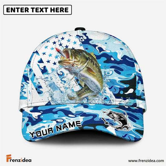 Frenzidea Bass Fishing Blue White American Flag Personalized Cap
