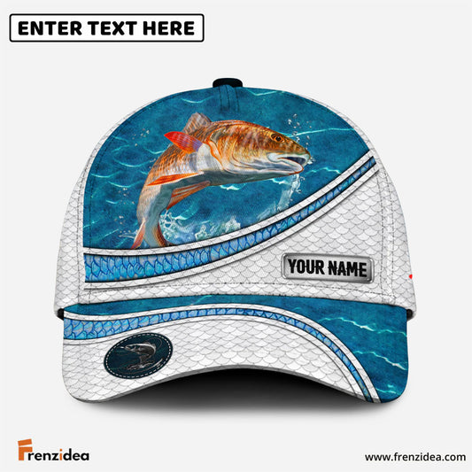 Frenzidea Custom Name Red Fish Fishing Blue Water Pattern 3D Classic Cap