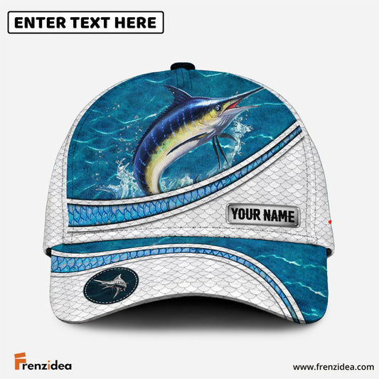 Frenzidea Custom Name Marlin Fishing Blue Water Pattern 3D Classic Cap