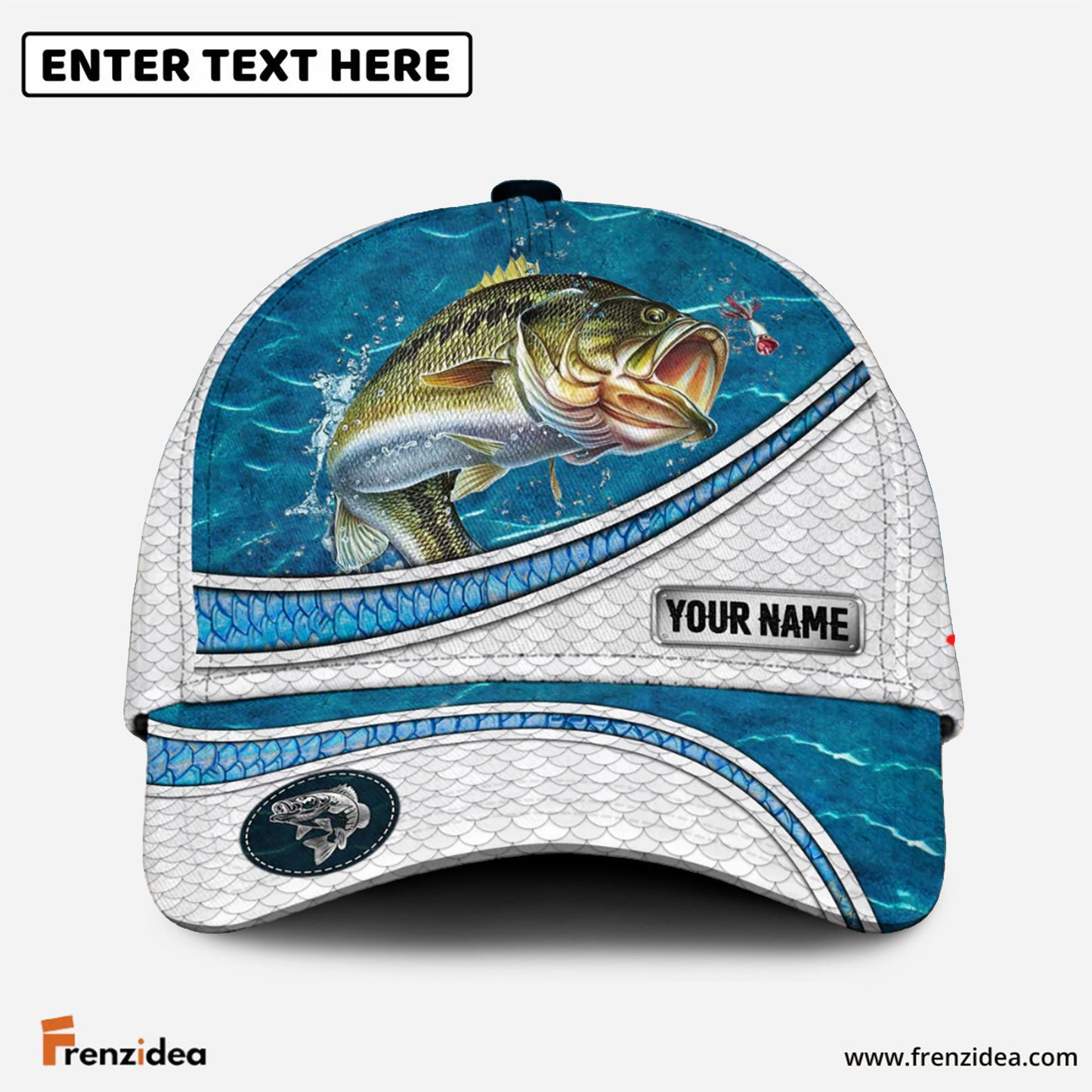 Frenzidea Custom Name Bass Fishing Blue Water Pattern 3D Classic Cap