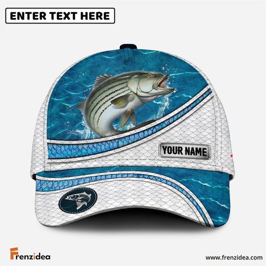 Frenzidea Custom Name Striped Bass Fishing Blue Water Pattern 3D Classic Cap