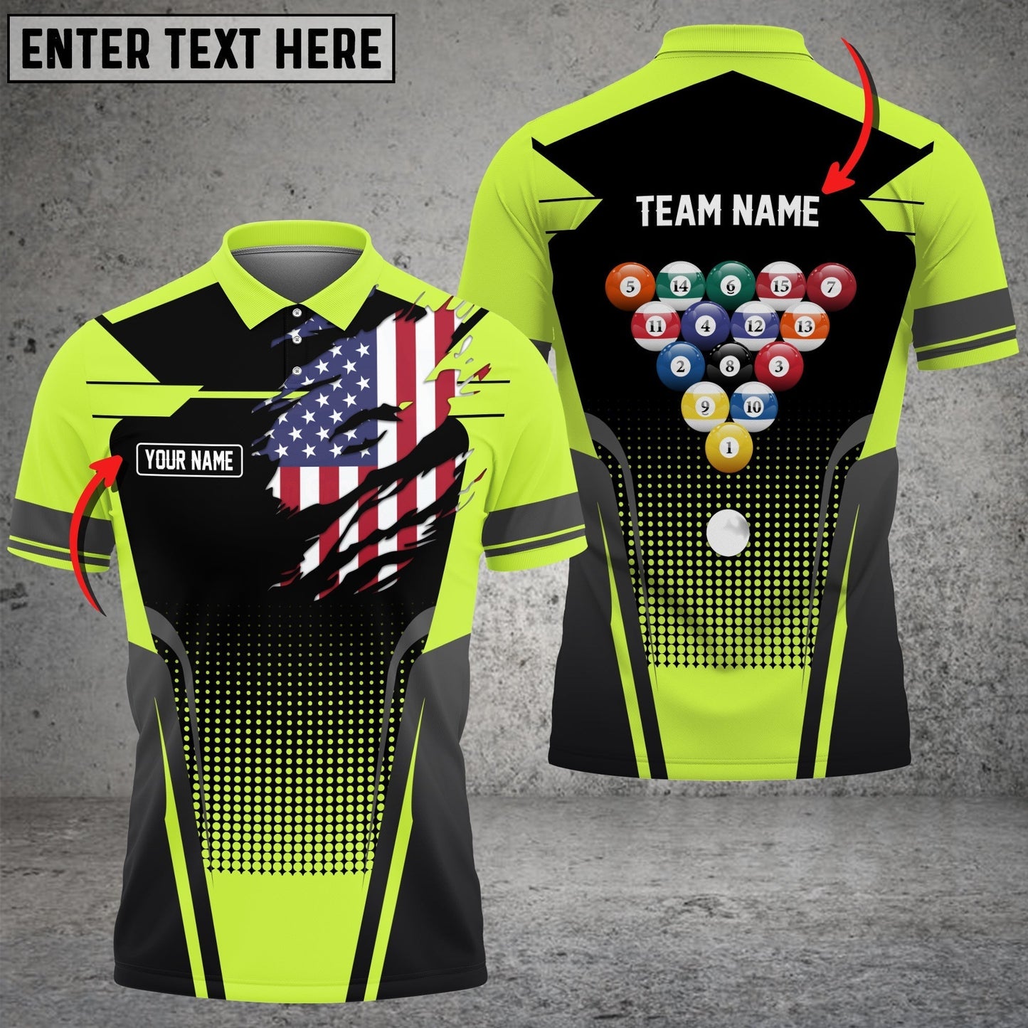 Frenzidea Billiard American Flag Personalized Name, Team Name Unisex Polo Shirt