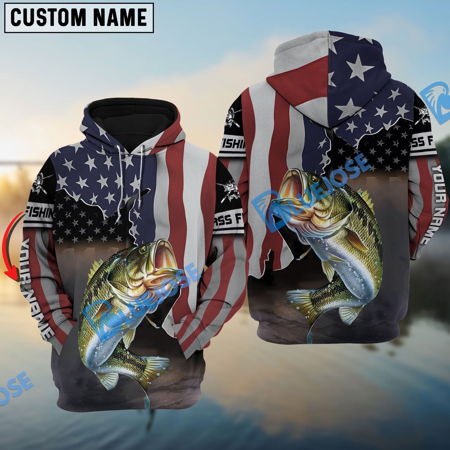 Frenzidea Custom Bass Fishing American Flag Fishing Long Sleeves