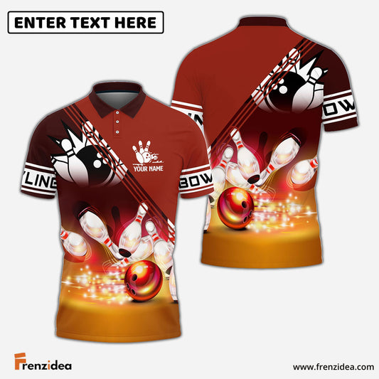 Frenzidea Red Bowling Ball Crashing into the Pins Personalized Name 3D Shirt
